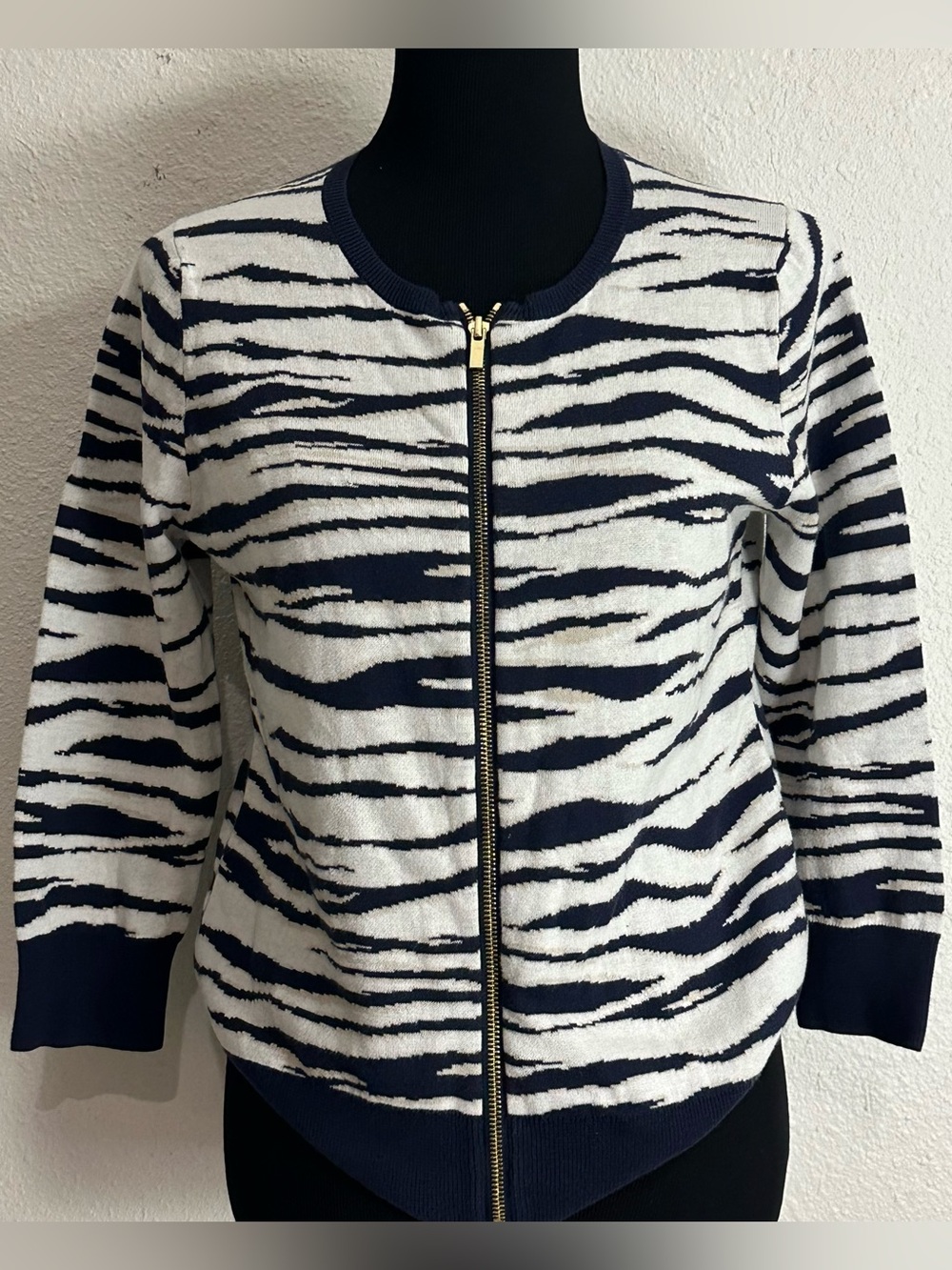 Ann Taylor Navy and White Zebra-Print Zip Cardigan Jacket